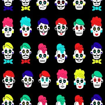 Pattern with colorful funny skulls Stock Illustration