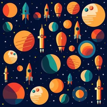 A pattern of colorful rockets with the words  rocket  on the top. Stock Illustration