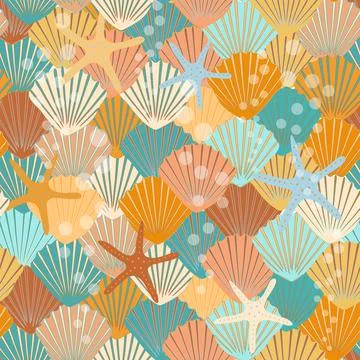 A pattern of colorful shells and starfish without a background Stock Illustration