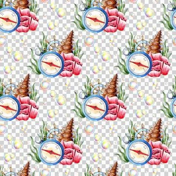 Pattern compass steering wheel corals shells algae bubbles watercolor Illustrazione stock