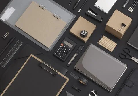 Pattern composition of office and school stationery on black leather backgrou Stock Photos