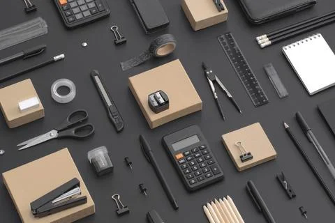 Pattern composition of office and school stationery on black leather backgrou Stock Photos