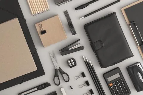 Pattern composition of office and school stationery on grey background. Back Stock Photos