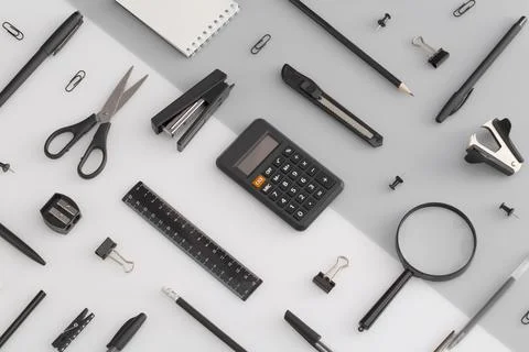 Pattern composition of office and school stationery on white, grey background Stock Photos