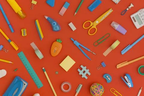 Pattern composition of school stationery on a red background. Back to school Stock Photos