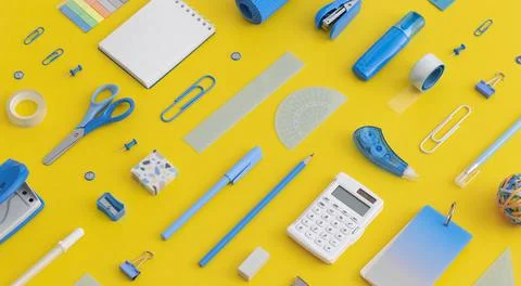 Pattern composition of school stationery on a yellow background. Top view. Fl Stock Photos