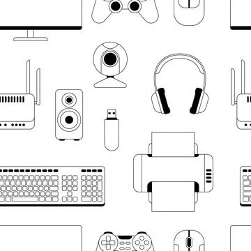 Pattern with computer equipment. Gaming technology and work devices. Stock Illustration