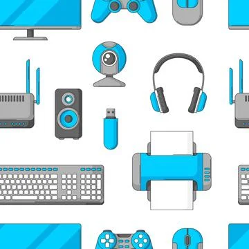 Pattern with computer equipment. Gaming technology and work devices. Stock Illustration