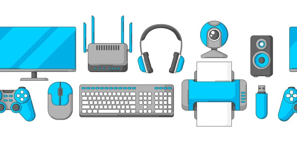 Pattern with computer equipment. Gaming technology and work devices. Stock Illustration