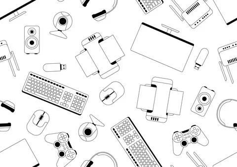 Pattern with computer equipment. Gaming technology and work devices. Stock Illustration