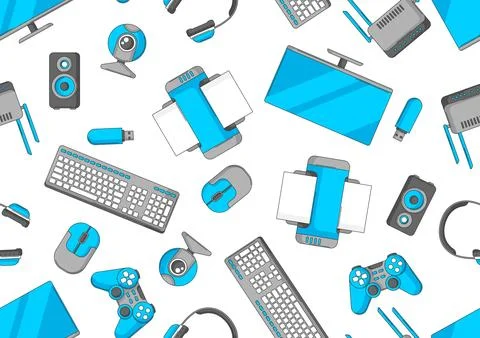 Pattern with computer equipment. Gaming technology and work devices. Stock Illustration