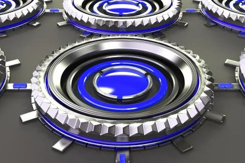 Pattern of concentric metal shapes with blue elements Illustrazione stock