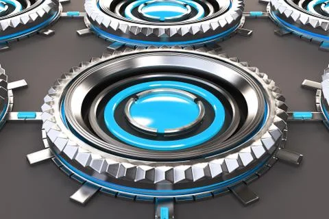 Pattern of concentric metal shapes with blue elements Stock Illustration