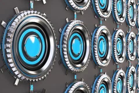 Pattern of concentric metal shapes with blue elements Stock Illustration