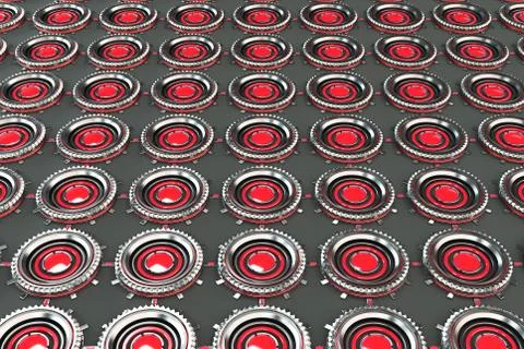 Pattern of concentric metal shapes with red elements Illustrazione stock