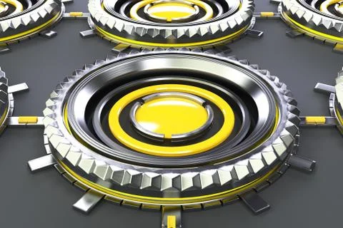 Pattern of concentric metal shapes with yellow elements Stock Illustration