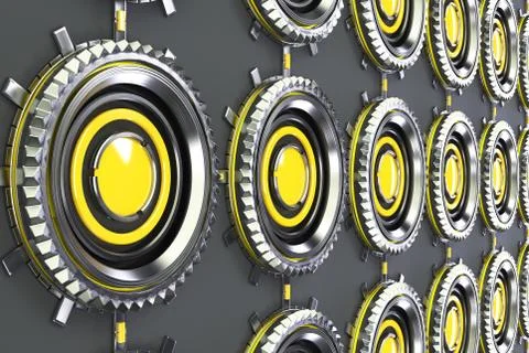 Pattern of concentric metal shapes with yellow elements 스톡 일러스트