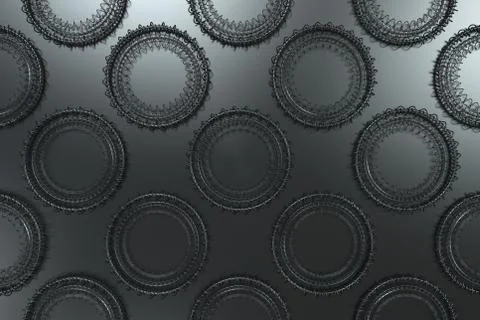 Pattern of concentric shapes made of rings and spirals on black background 스톡 일러스트