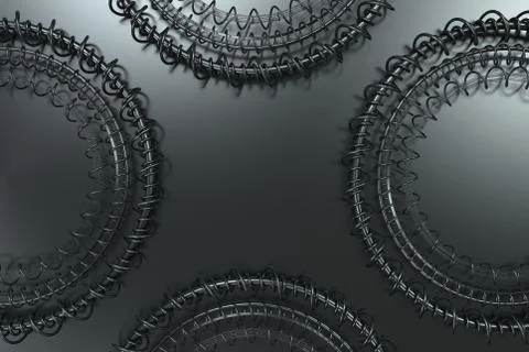 Pattern of concentric shapes made of rings and spirals on black background Stockillustratie