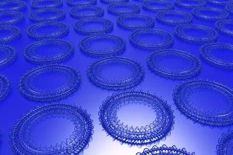 Pattern of concentric shapes made of rings and spirals on blue background イラスト素材