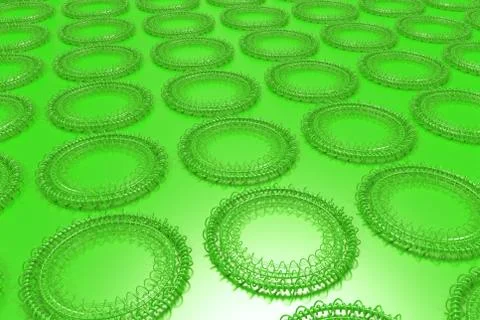 Pattern of concentric shapes made of rings and spirals on green background Stock Illustration