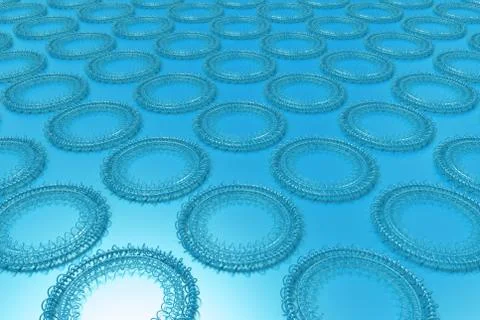 Pattern of concentric shapes made of rings and spirals on blue background Stock Illustration