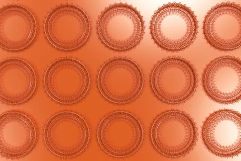 Pattern of concentric shapes made of rings and spirals on orange background Illustrazione stock