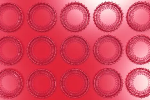 Pattern of concentric shapes made of rings and spirals on red background Stock Illustration