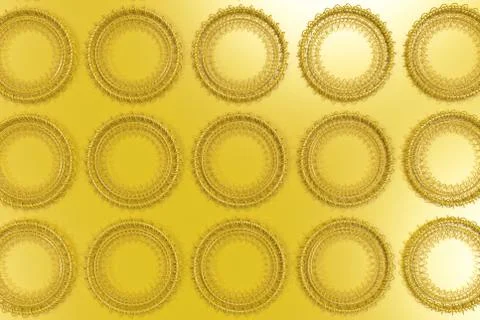 Pattern of concentric shapes made of rings and spirals on yellow background イラスト素材