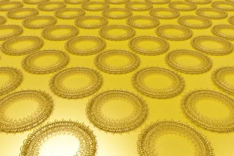 Pattern of concentric shapes made of rings and spirals on yellow background イラスト素材