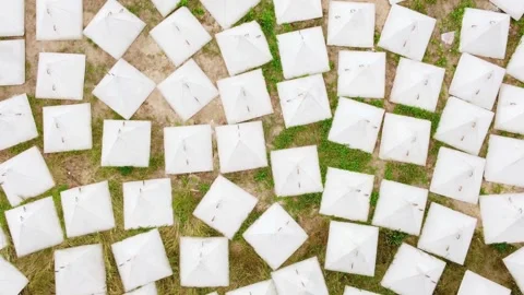 A pattern of concrete pyramidal blocks for tank defense, aerial view Stock Footage 296591742