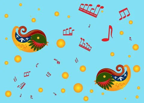 The pattern consists of birds, notes symbolizing singing, and berries in the 스톡 일러스트