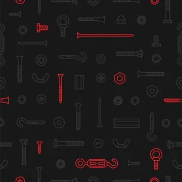 Pattern construction hardware, screws, bolts, nuts and rivets on black Illustrazione stock