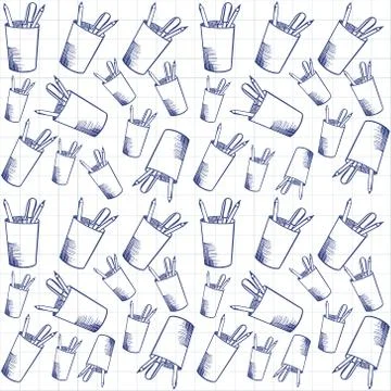 Pattern of Contour illustration of a Cup with pencils. Vector illustration on a Stock Illustration