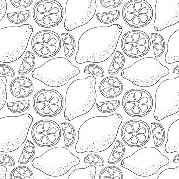 Pattern of contour lemons and a piece of circles. Citrus fruits on a white Stock Illustration