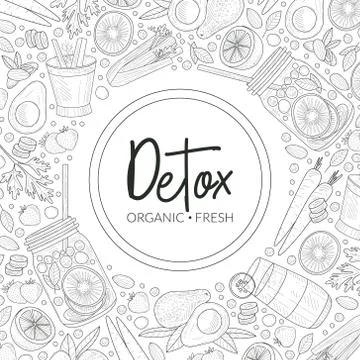 Pattern of contours of fruits and vegetables around a round frame. Vector Illustrazione stock