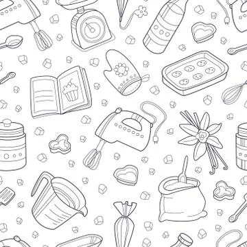 Pattern from the contours of kitchen items. Vector illustration. Illustrazione stock