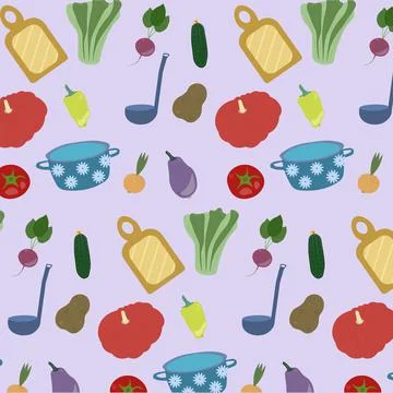 Pattern of cooking and vegetables on purple background in vector Stock Illustration