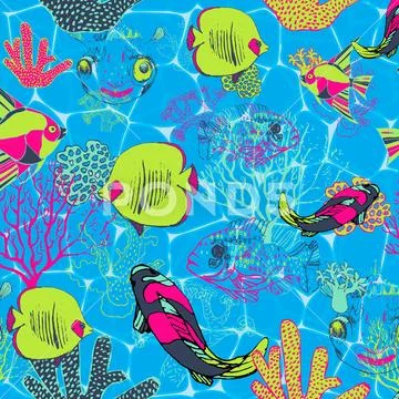 Pattern with coral and fish of different species and colorful with surface te Stock Illustration