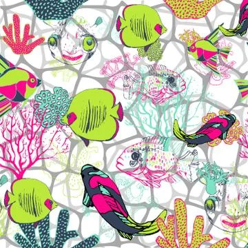 Pattern with coral and fish of different species and colorful texture Stock Illustration