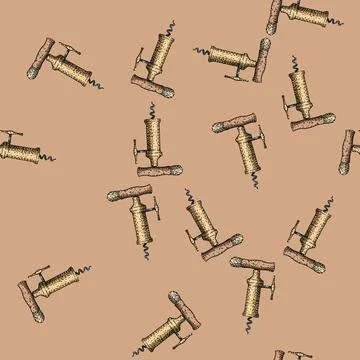Pattern Corkscrew opening wine bottle sketch drawing Stock Illustration