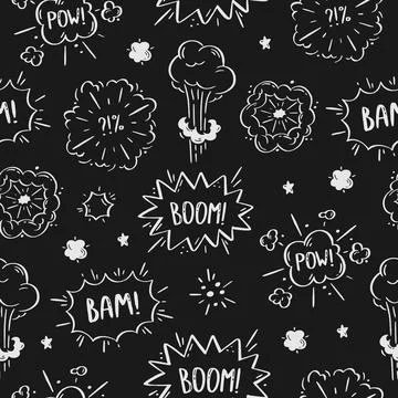 Pattern cosmic explosion and bombs. Speech bubbles with the words boom, boom, Stock Illustration