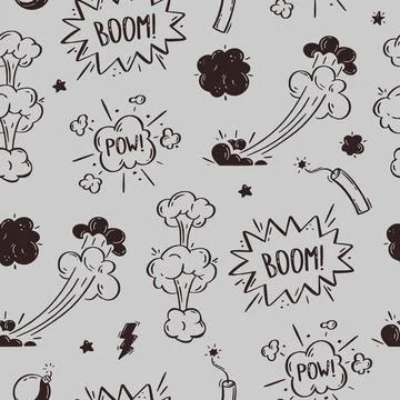 Pattern cosmic explosion and bombs. Speech bubbles with the words boom, boom, 스톡 일러스트
