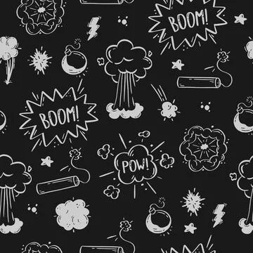 Pattern cosmic explosion and bombs. Speech bubbles with the words boom, boom, 스톡 일러스트