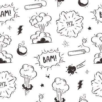 Pattern cosmic explosion and bombs. Speech bubbles with the words boom, boom, 스톡 일러스트