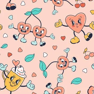 Pattern, couple of cherries in love, hot chocolate with whipped cream, heart Stock Illustration
