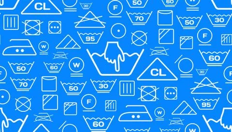 Pattern created from laundry washing symbols on a blue background Stock Illustration