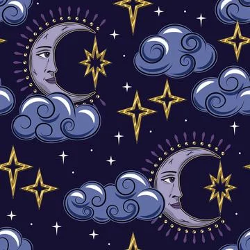 Pattern with crescent moon, stars, clouds イラスト素材
