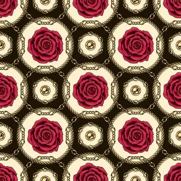 Pattern with crimson roses, golden chains Stock Illustration