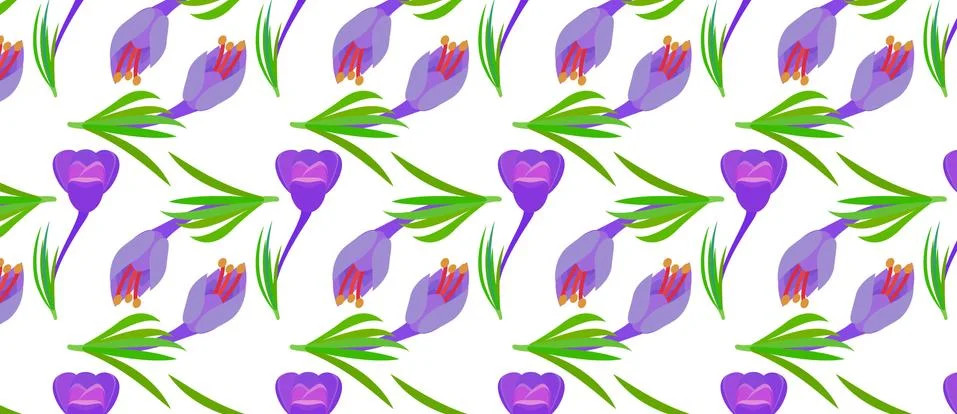Pattern with Crocus and yellow circles Violet flowers with green leaves. イラスト素材